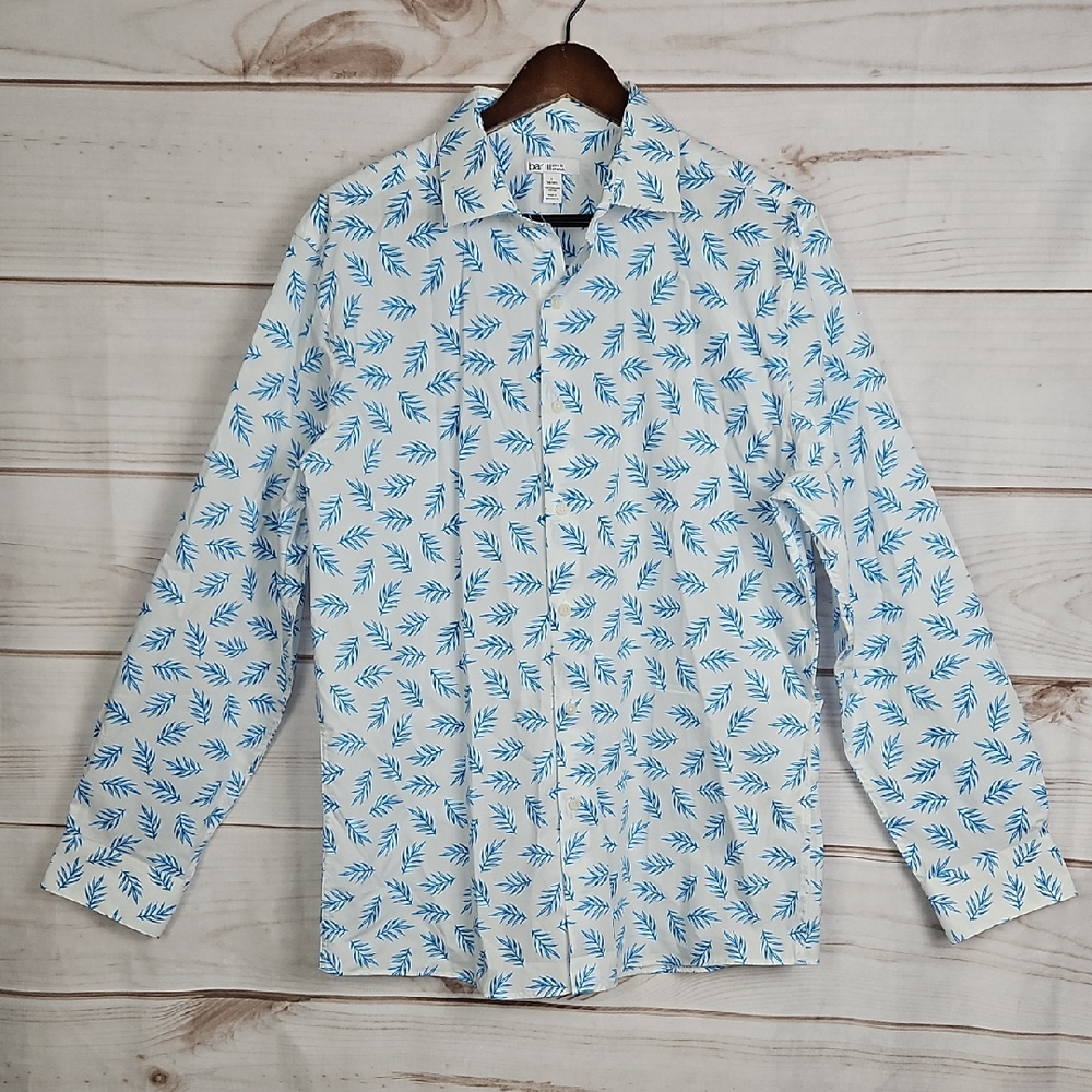 Bar III White Button Down Shirt with Blue Leaf Design - Size Large